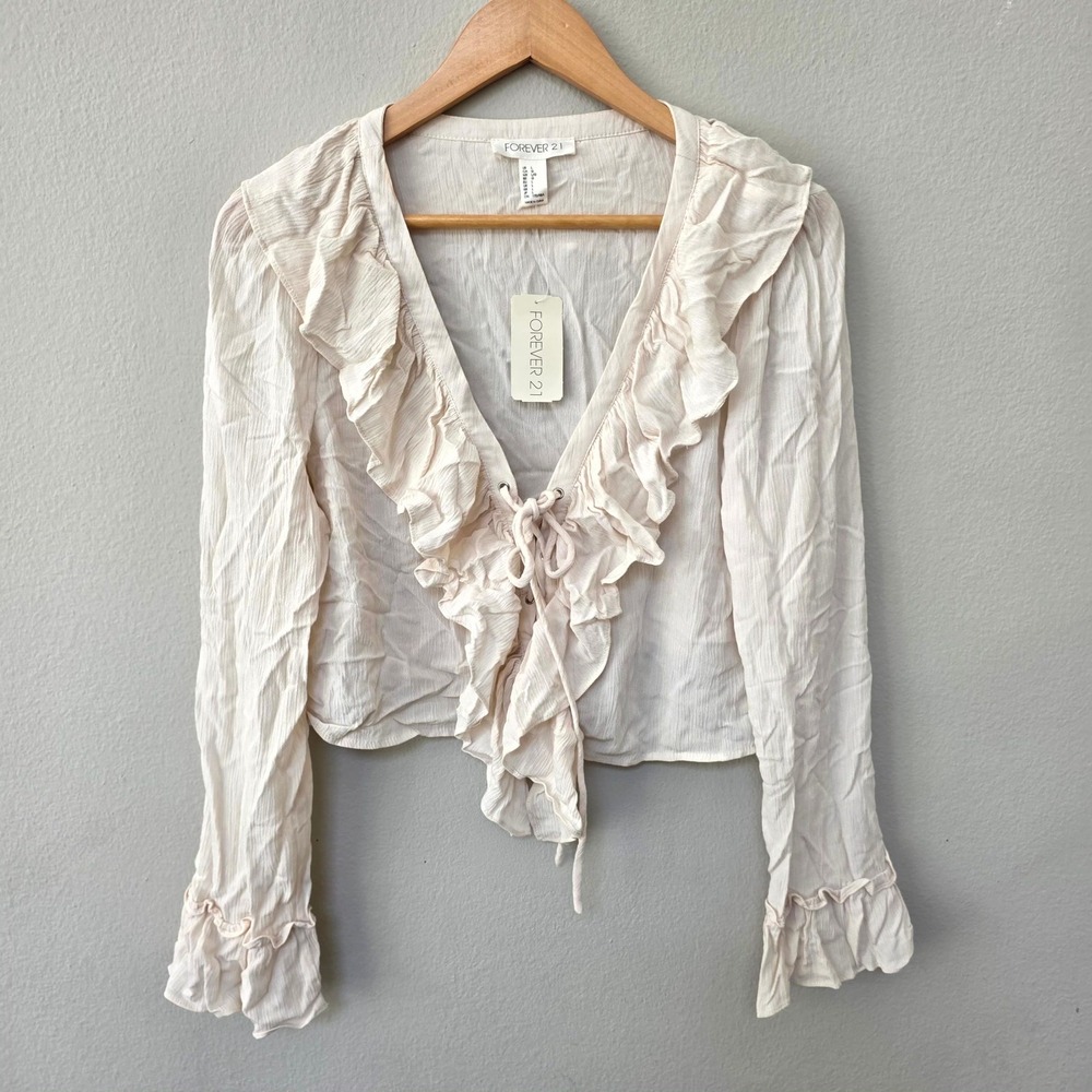 Forever 21 Ruffle Tie Front Blouse Womens Large Light Pink Cropped Boho Top